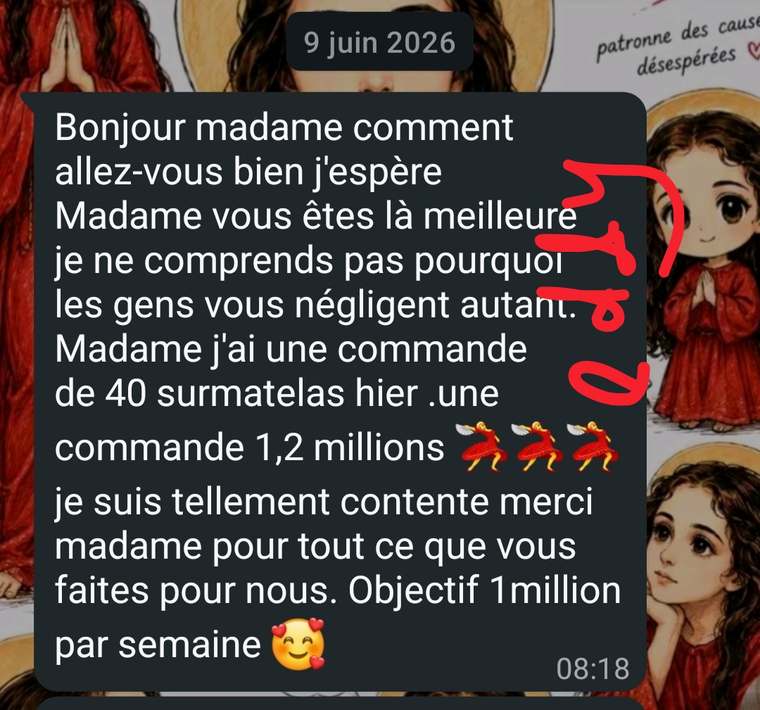 Capture d'un message WhatsApp annonçant une commande de 40 surmatelas pour 1,2 million FCFA